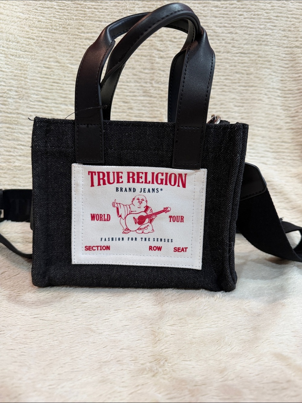 True Religion Black Denim Mini Tote with Red Logo Patch